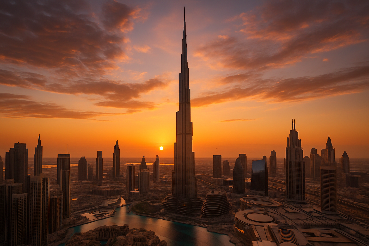 Burj Khalifa and Dubai skyline at sunset