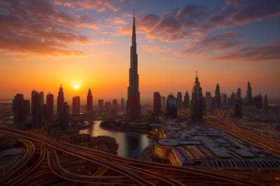 Dubai skyline with Burj Khalifa and cityscape at sunset Dubai skyline with Burj Khalifa and cityscape at sunset